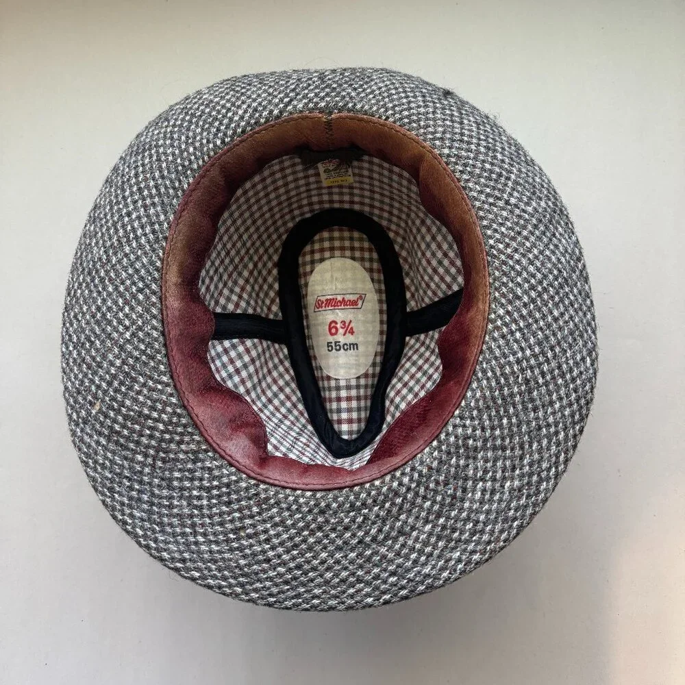 St Michael Vintage Trilby Hat Unisex Size 6 3/4 55cm Brown Tweed Multicolor